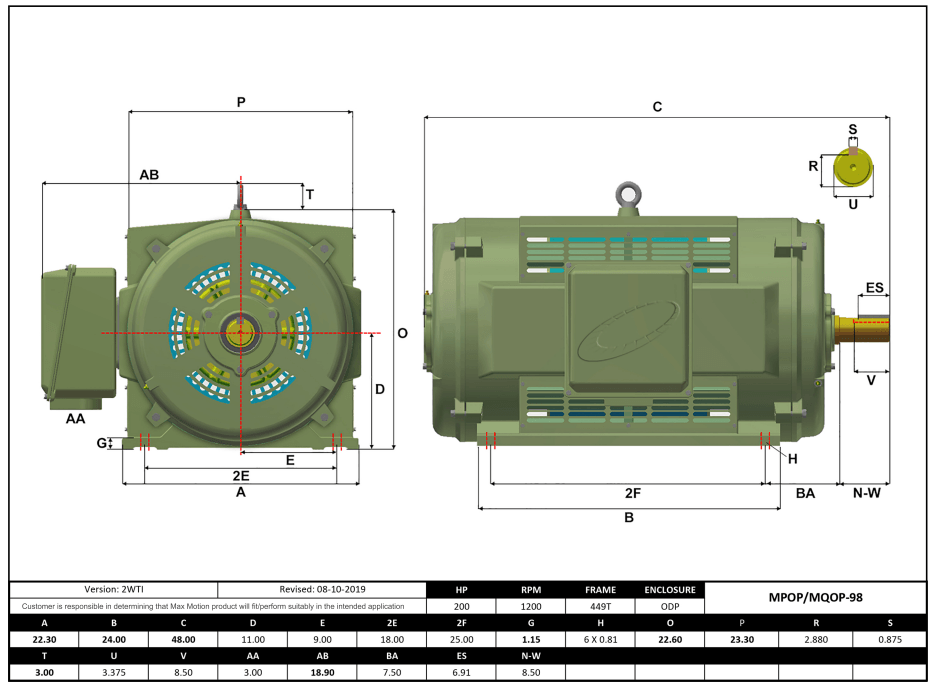 Max Motion MPOP-98 | T-Frame Motor 200HP, 1200RPM, 575V, Frame 449T, ODP, Cast Iron