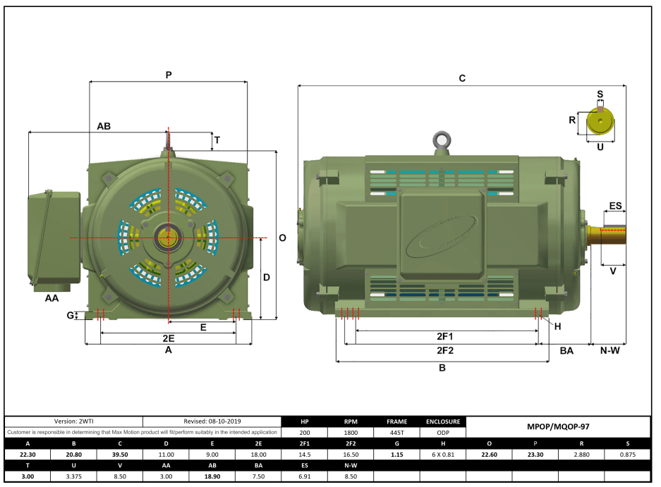 Max Motion MQOP-97 | T-Frame Motor 200HP, 1800RPM, 460V, Frame 445T, ODP, Cast Iron