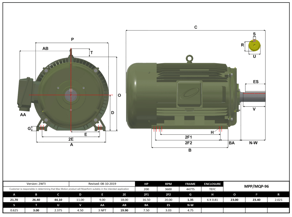 Max Motion MQP-96 | T-Frame Motor 200HP, 3600RPM, 460V, Frame 447TS, TEFC, Cast Iron