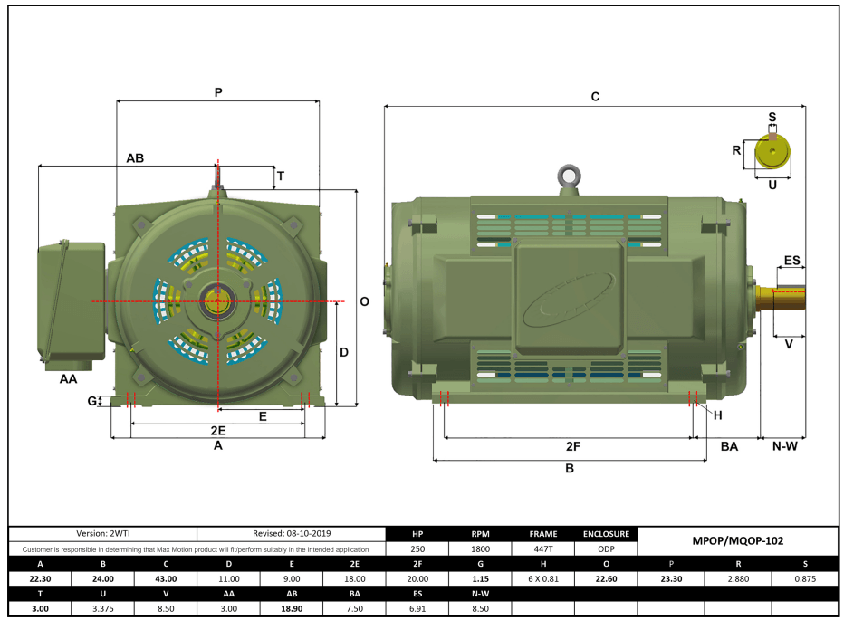 Max Motion MQOP-102 | T-Frame Motor 250HP, 1800RPM, 460V, Frame 447T, ODP, Cast Iron