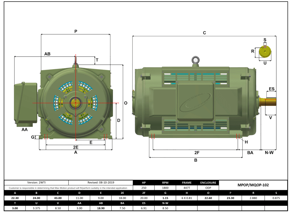 Max Motion MPOP-102 | T-Frame Motor 250HP, 1800RPM, 575V, Frame 447T, ODP, Cast Iron