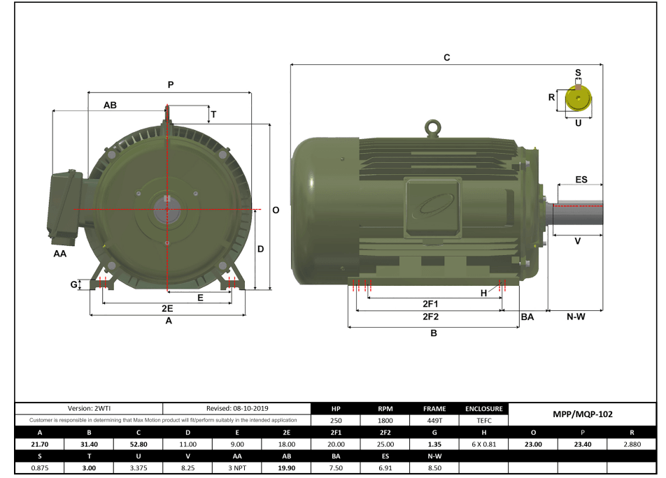 Max Motion MPP-102 | T-Frame Motor 250HP, 1800RPM, 575V, Frame 449T, TEFC, Cast Iron