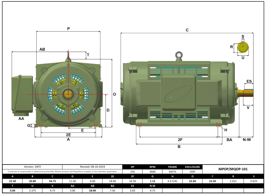 Max Motion MPOP-101 | T-Frame Motor 250HP, 3600RPM, 575V, Frame 445TS, ODP, Cast Iron