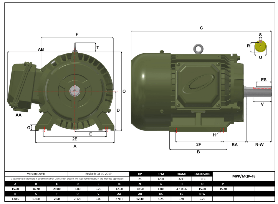 Max Motion MPP-48 | T-Frame Motor 25HP, 1200RPM, 575V, Frame 324T, TEFC, Cast Iron