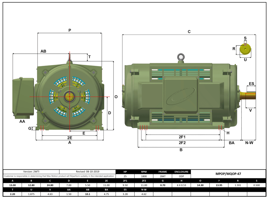 Max Motion MQOP-47 | T-Frame Motor 25HP, 1800RPM, 208-230/460V, Frame 284T, ODP, Cast Iron