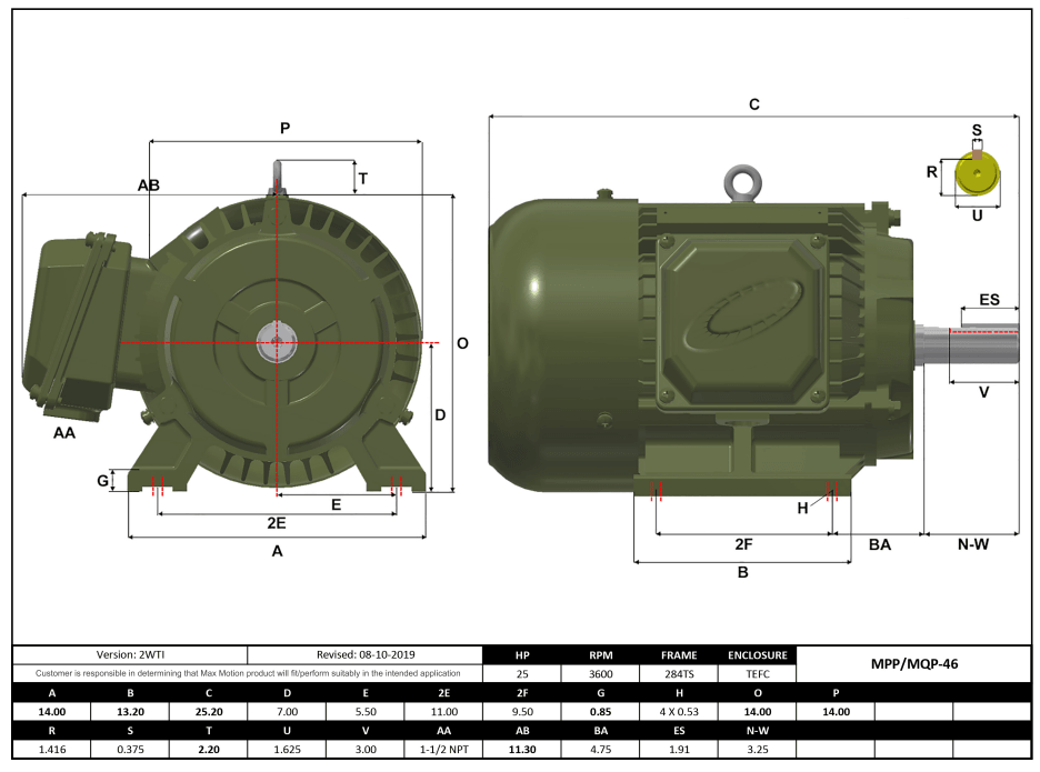 Max Motion MQP-46 | T-Frame Motor 25HP, 3600RPM, 208-230/460V, Frame 284TS, TEFC, Cast Iron