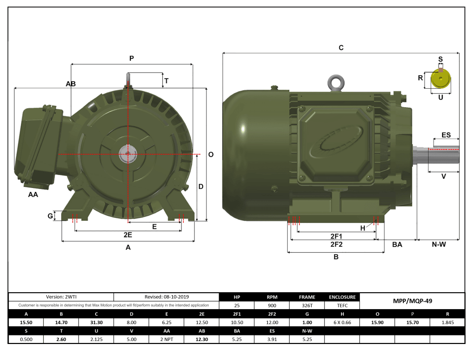 Max Motion MQP-49 | T-Frame Motor 25HP, 900RPM, 208-230/460V, Frame 326T, TEFC, Cast Iron