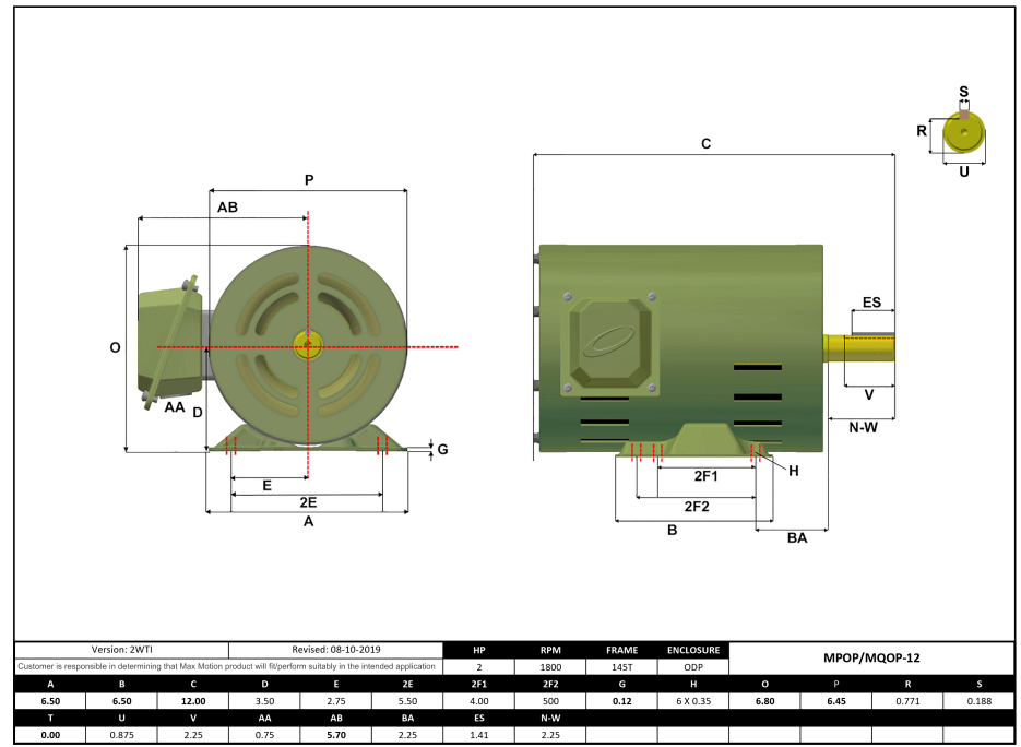 Max Motion MQOP-12 | T-Frame Motor 2HP, 1800RPM, 208-230/460V, Frame 145T, ODP, Rolled Steel