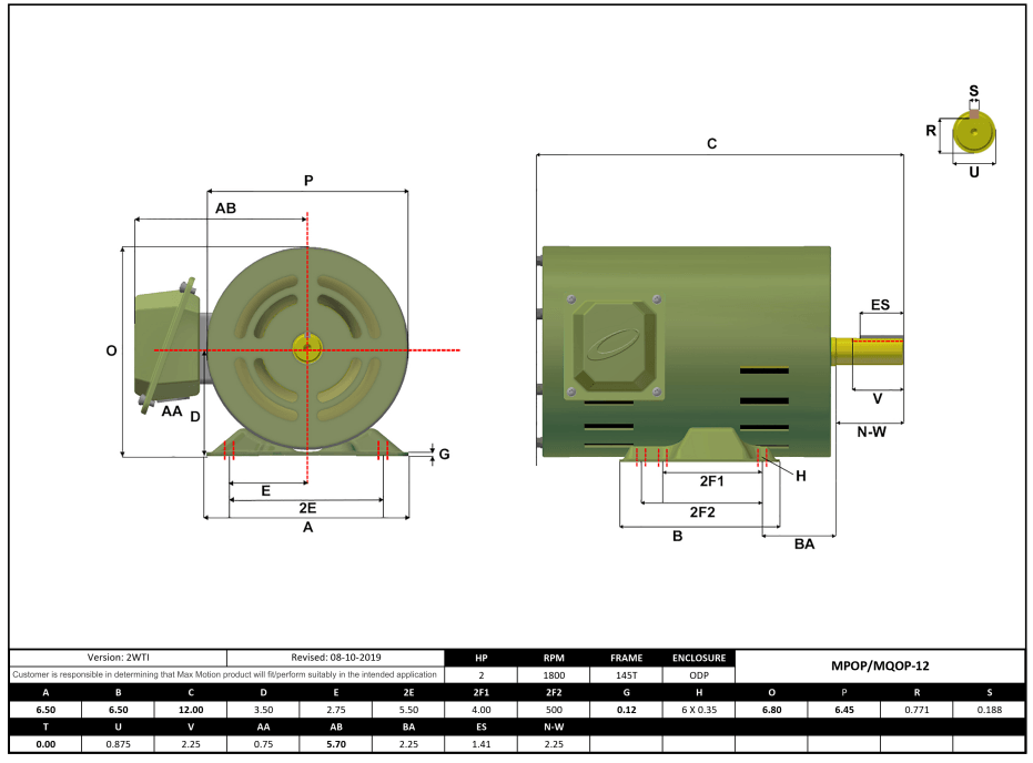 Max Motion MPOP-12 | T-Frame Motor 2HP, 1800RPM, 575V, Frame 145T, ODP, Rolled Steel