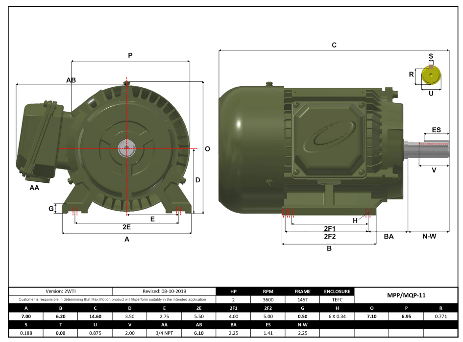 Max Motion MQP-11 | T-Frame Motor 2HP, 3600RPM, 208-230/460V, Frame 145T, TEFC, Cast Iron