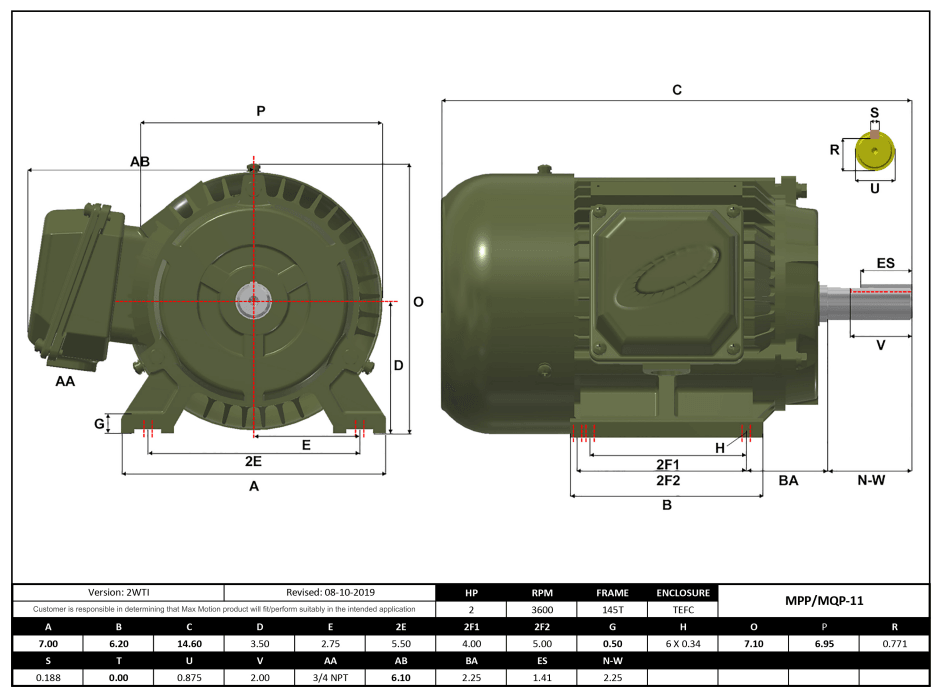 Max Motion MPP-11 | T-Frame Motor 2HP, 3600RPM, 575V, Frame 145T, TEFC, Cast Iron