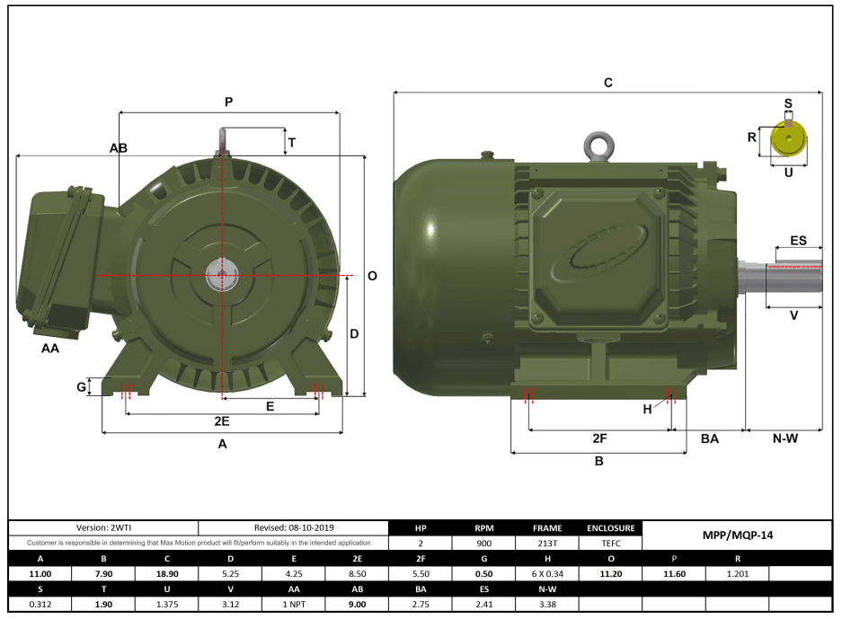 Max Motion MQP-14 | T-Frame Motor 2HP, 900RPM, 208-230/460V, Frame 213T, TEFC, Cast Iron