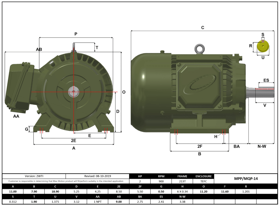Max Motion MPP-14 | T-Frame Motor 2HP, 900RPM, 575V, Frame 213T, TEFC, Cast Iron