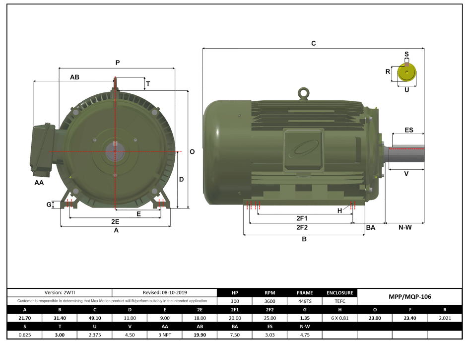 Max Motion MQP-106 | T-Frame Motor 300HP, 3600RPM, 460V, Frame 449TS, TEFC, Cast Iron