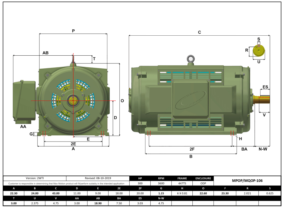 Max Motion MPOP-106 | T-Frame Motor 300HP, 3600RPM, 575V, Frame 447TS, ODP, Cast Iron