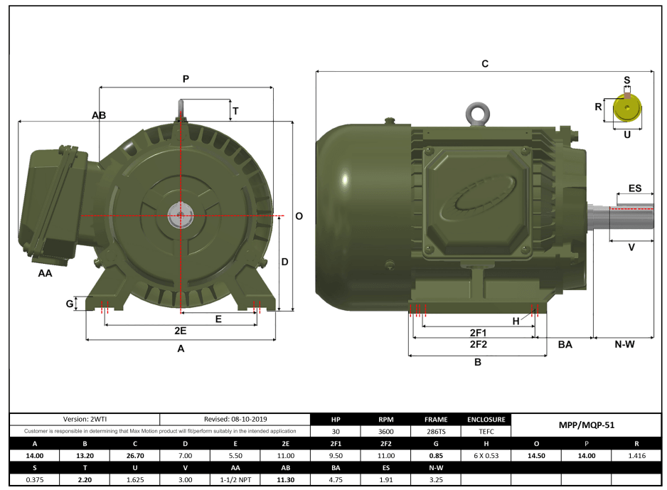 Max Motion MQP-51 | T-Frame Motor 30HP, 3600RPM, 208-230/460V, Frame 286TS, TEFC, Cast Iron