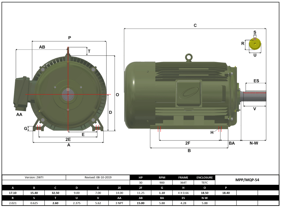 Max Motion MPP-54 | T-Frame Motor 30HP, 900RPM, 575V, Frame 364T, TEFC, Cast Iron