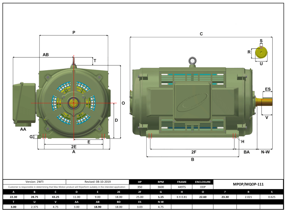 Max Motion MQOP-111 | T-Frame Motor 350HP, 3600RPM, 460V, Frame 449TS, ODP, Cast Iron