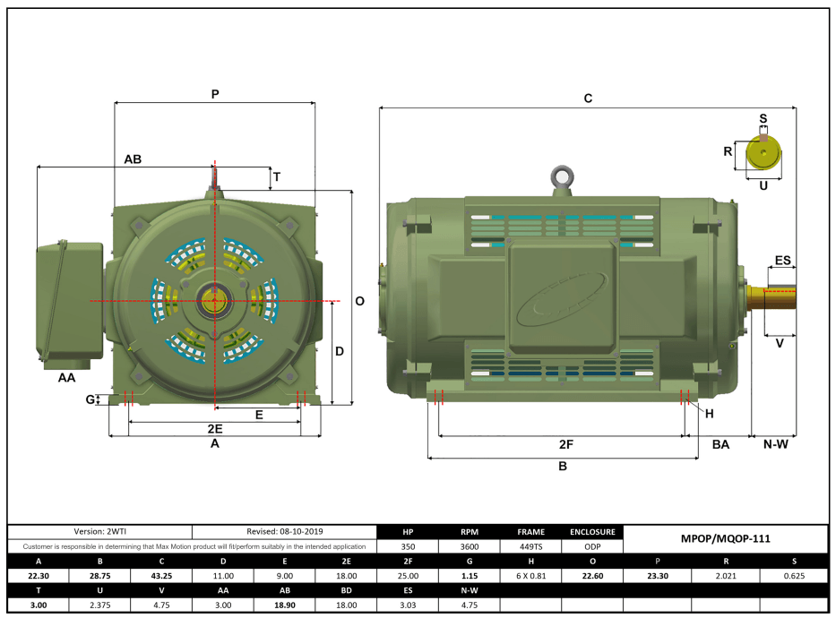 Max Motion MPOP-111 | T-Frame Motor 350HP, 3600RPM, 575V, Frame 449TS, ODP, Cast Iron