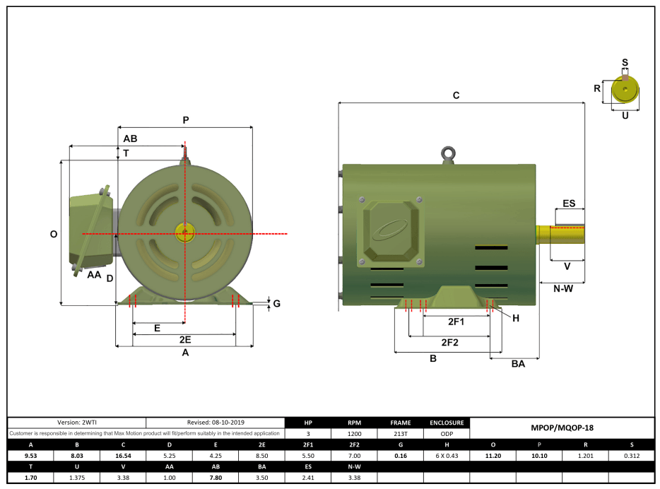 Max Motion MQOP-18 | T-Frame Motor 3HP, 1200RPM, 208-230/460V, Frame 213T, ODP, Rolled Steel