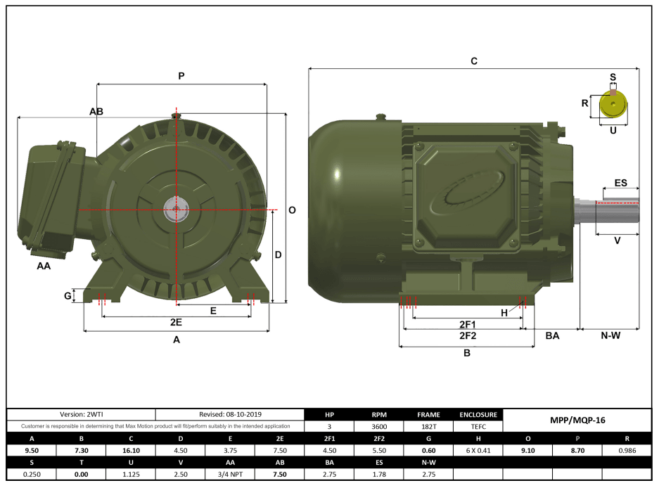 Max Motion MQP-16 | T-Frame Motor 3HP, 3600RPM, 208-230/460V, Frame 182T, TEFC, Cast Iron