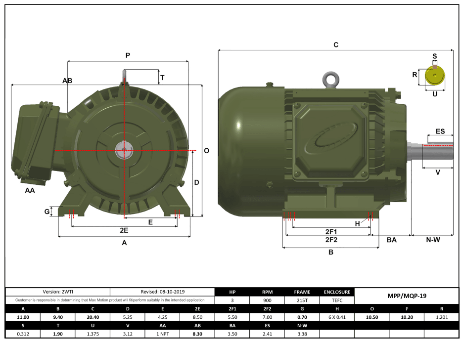 Max Motion MQP-19 | T-Frame Motor 3HP, 900RPM, 208-230/460V, Frame 215T, TEFC, Cast Iron