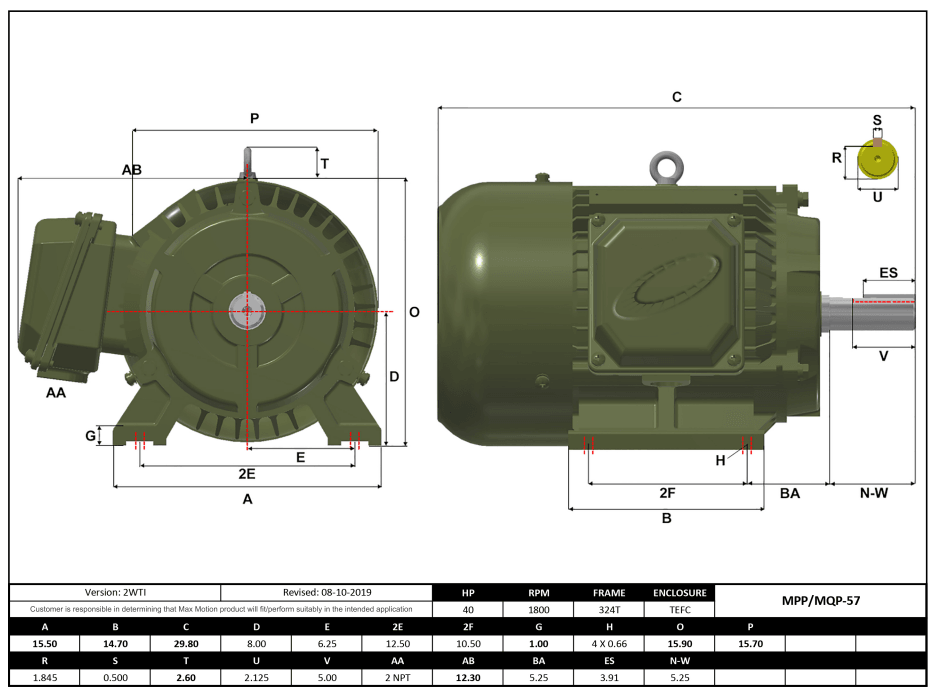 Max Motion MQP-57 | T-Frame Motor 40HP, 1800RPM, 208-230/460V, Frame 324T, TEFC, Cast Iron