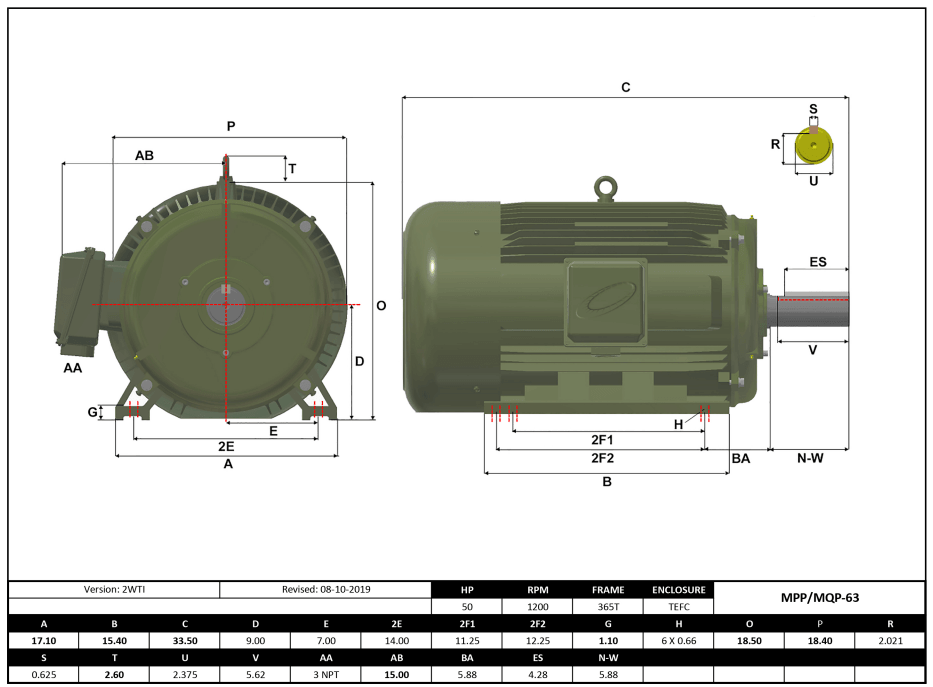 Max Motion MQP-63 | T-Frame Motor 50HP, 1200RPM, 208-230/460V, Frame 364T, TEFC, Cast Iron