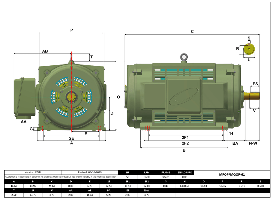 Max Motion MQOP-61 | T-Frame Motor 50HP, 3600RPM, 208-230/460V, Frame 324TS, ODP, Cast Iron