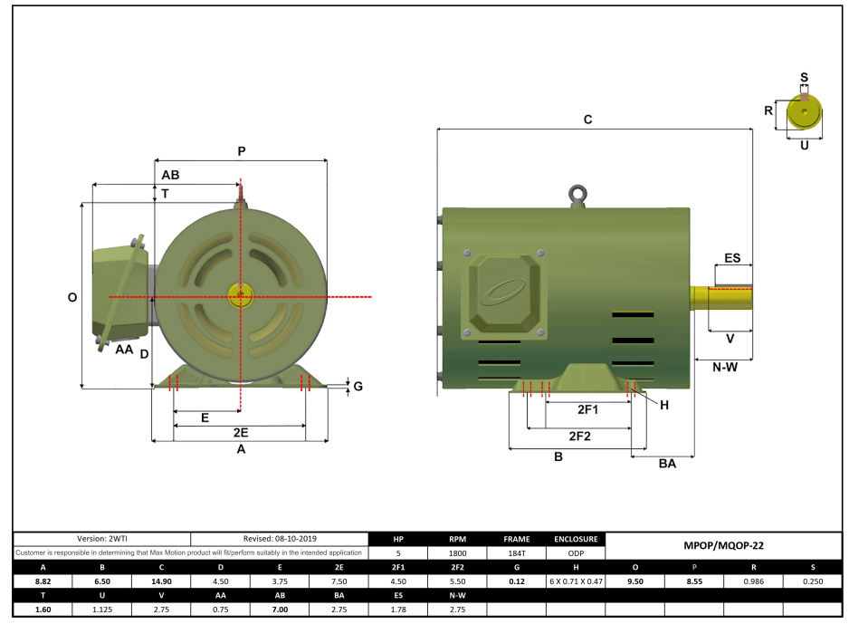 Max Motion MQOP-22 | T-Frame Motor 5HP, 1800RPM, 208-230/460V, Frame 184T, ODP, Rolled Steel