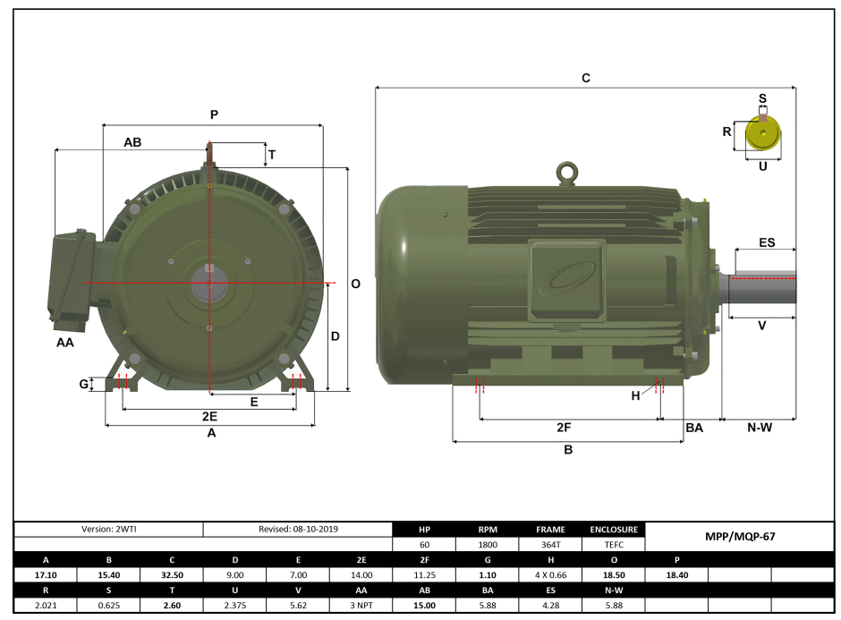 Max Motion MQP-67 | T-Frame Motor 60HP, 1800RPM, 208-230/460V, Frame 364T, TEFC, Cast Iron