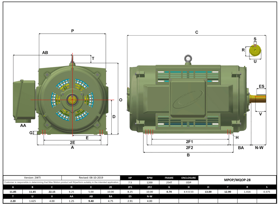 Max Motion MQOP-28 | T-Frame Motor 7.5HP, 1200RPM, 208-230/460V, Frame 254T, ODP, Cast Iron