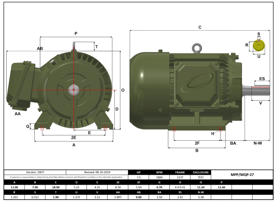 Max Motion MQP-27 | T-Frame Motor 7.5HP, 1800RPM, 208-230/460V, Frame 213T, TEFC, Cast Iron