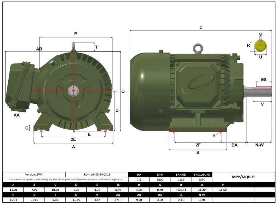 Max Motion MQP-26 | T-Frame Motor 7.5HP, 3600RPM, 208-230/460V, Frame 213T, TEFC, Cast Iron