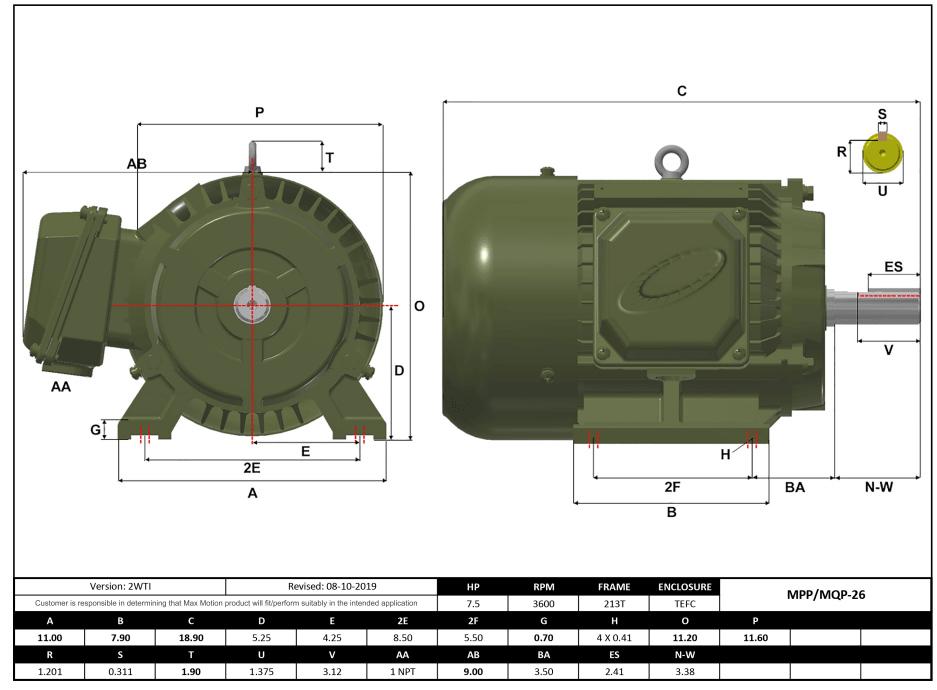 Max Motion MPP-26 | T-Frame Motor 7.5HP, 3600RPM, 575V, Frame 213T, TEFC, Cast Iron