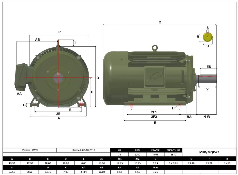 Max Motion MPP-73 | T-Frame Motor 75HP, 1200RPM, 575V, Frame 405T, TEFC, Cast Iron
