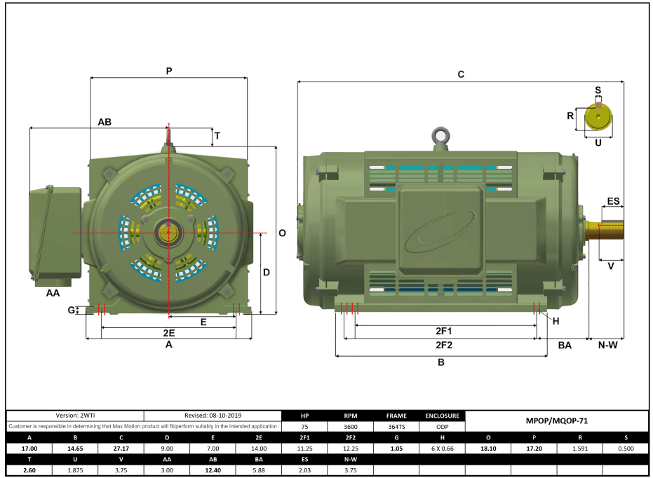 Max Motion MQOP-71 | T-Frame Motor 75HP, 3600RPM, 208-230/460V, Frame 364TS, ODP, Cast Iron