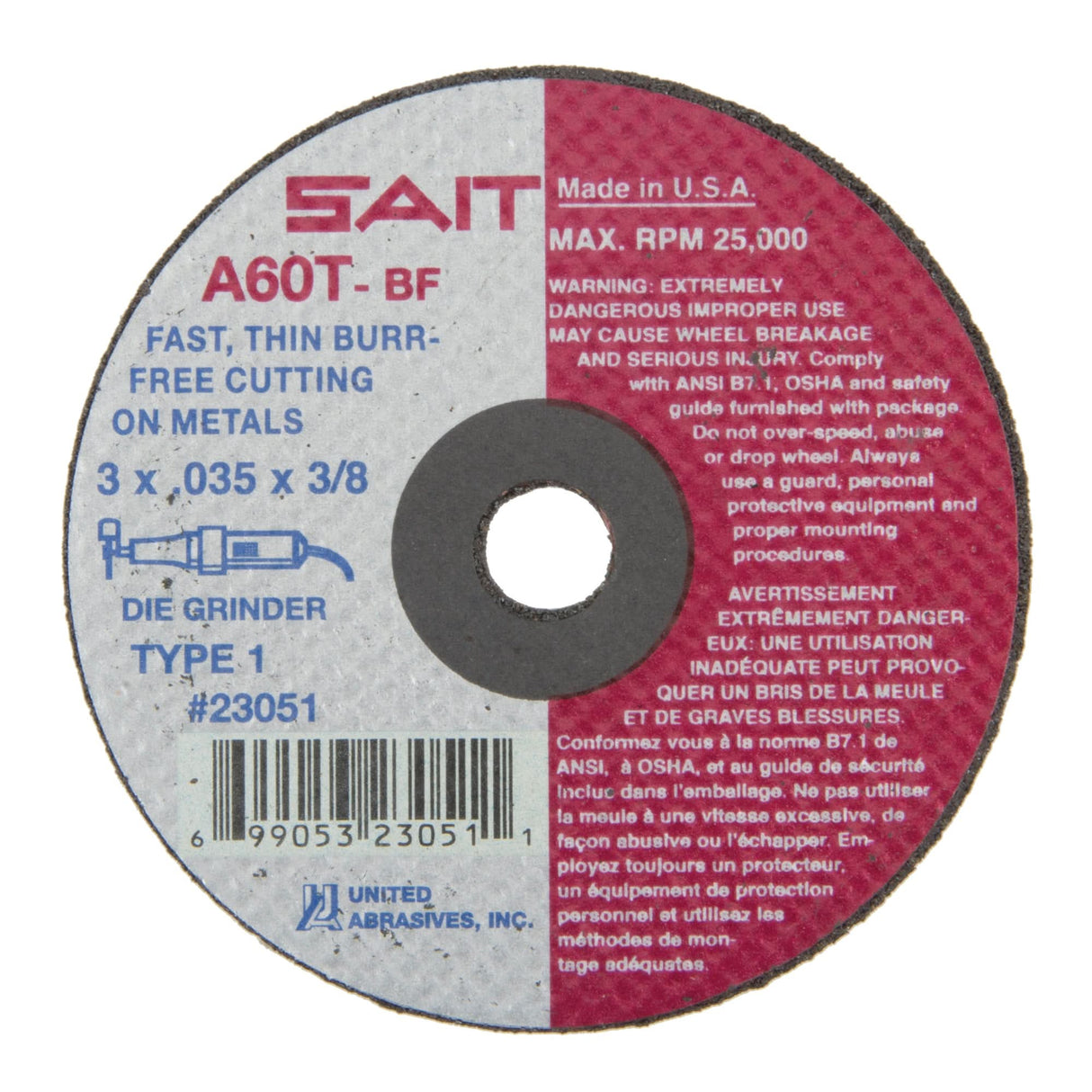 Cut-Off Wheel (A36T), 3" x 0.035", 3/8" Arbor, Type 1, Aluminum Oxide, 25000 RPM