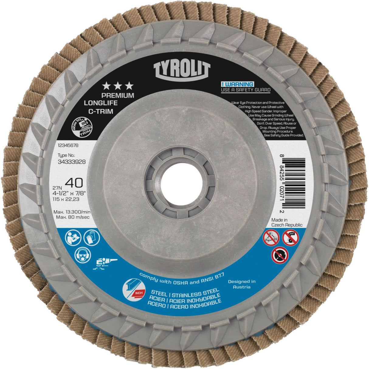 Long Life C-Trim Flap Disc, 4-1/2" x 5/8"-11, Type 27, 80 Grit, Zirconia Alumina