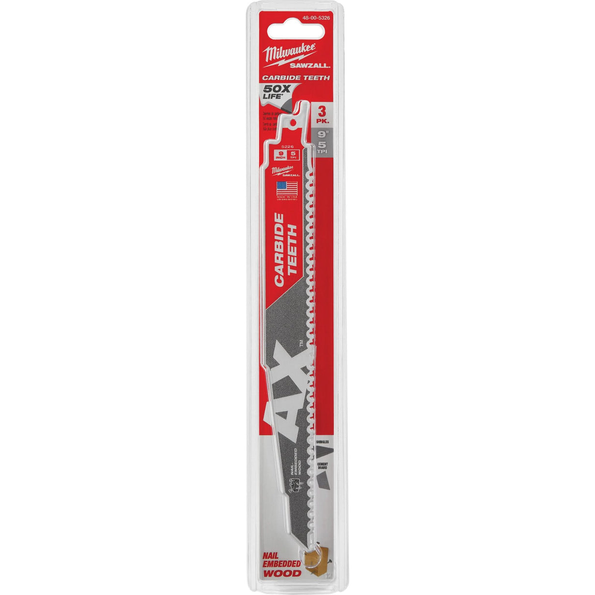 The Ax™ Sawzall® Blade, Carbide, 5 TPI, 9" L x 1" W