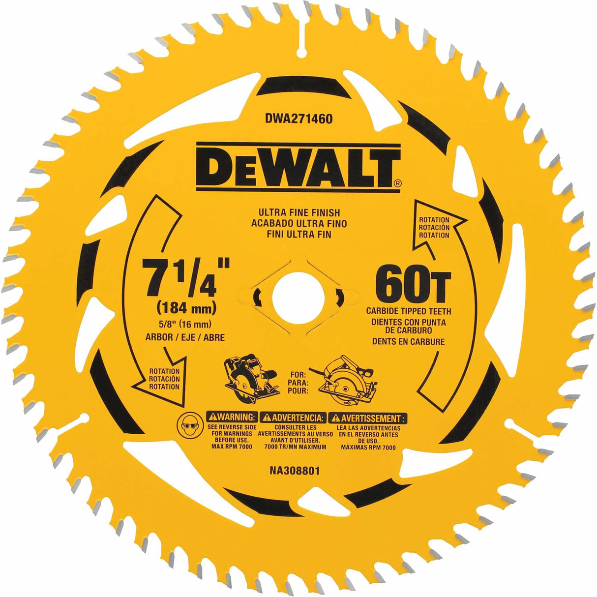 Circular Saw Blade, 7-1/4", 60 Teeth, Wood Use