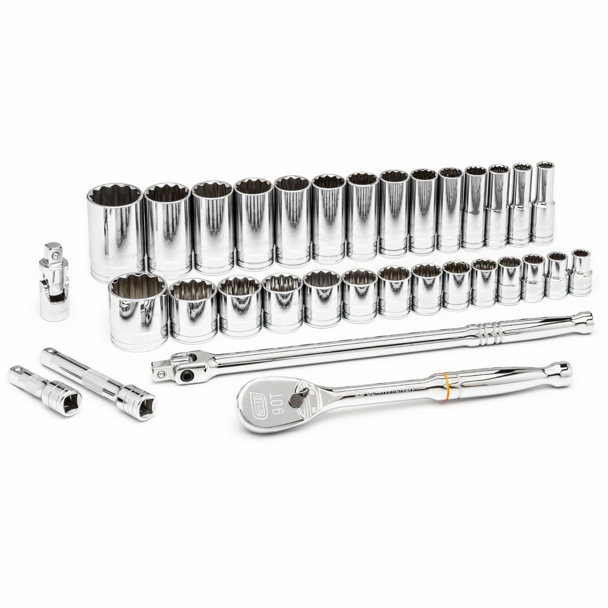 12 Point SAE Mechanics Tool Set, 33 Pcs, 1/2" Drive Size, Deep