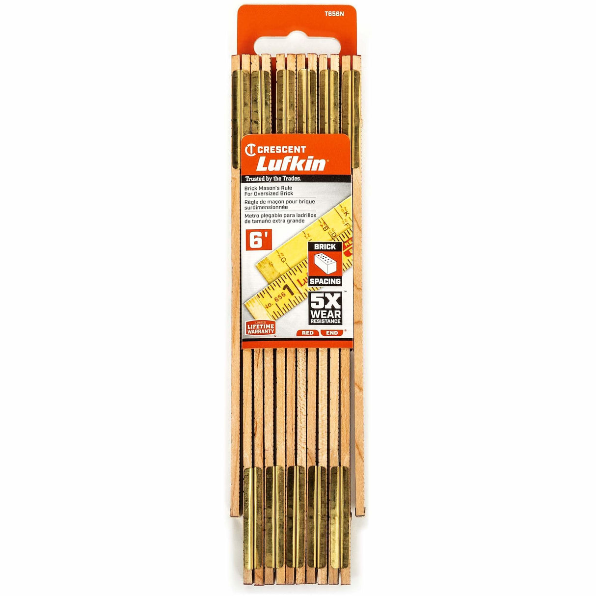 Red End® Oversized Brick Mason Rule, 6' L, Wood, 1/16" Graduations