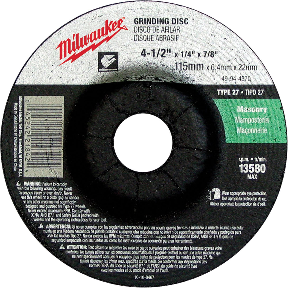 Grinding Wheel, 4-1/2" x 1/4", 7/8" Arbor, Silicon Carbide, Type 27