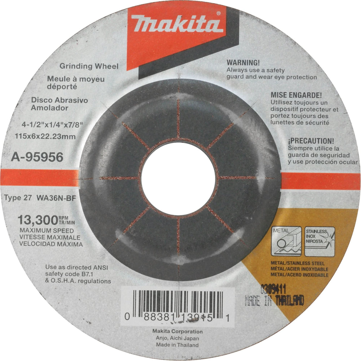 INOX Grinding Wheel, 4-1/2" x 1/4", 7/8" Arbor, Aluminum Oxide, Type 27