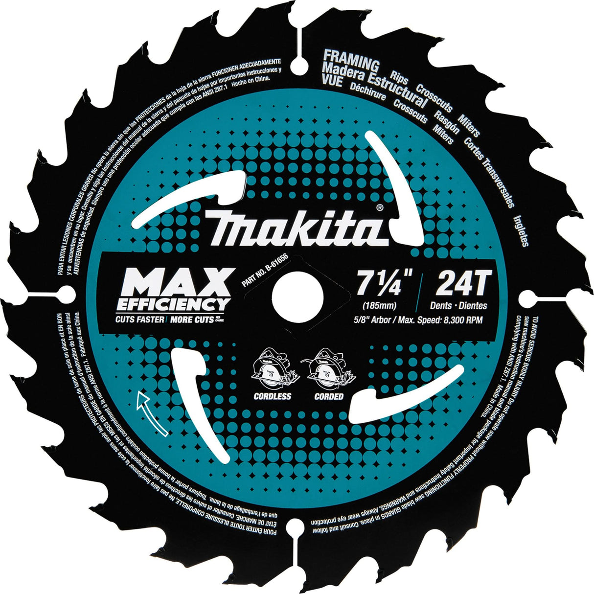 Carbide-Tipped Max Efficiency Framing Circular Saw Blade, 7-1/4", 24 Teeth, Wood Use