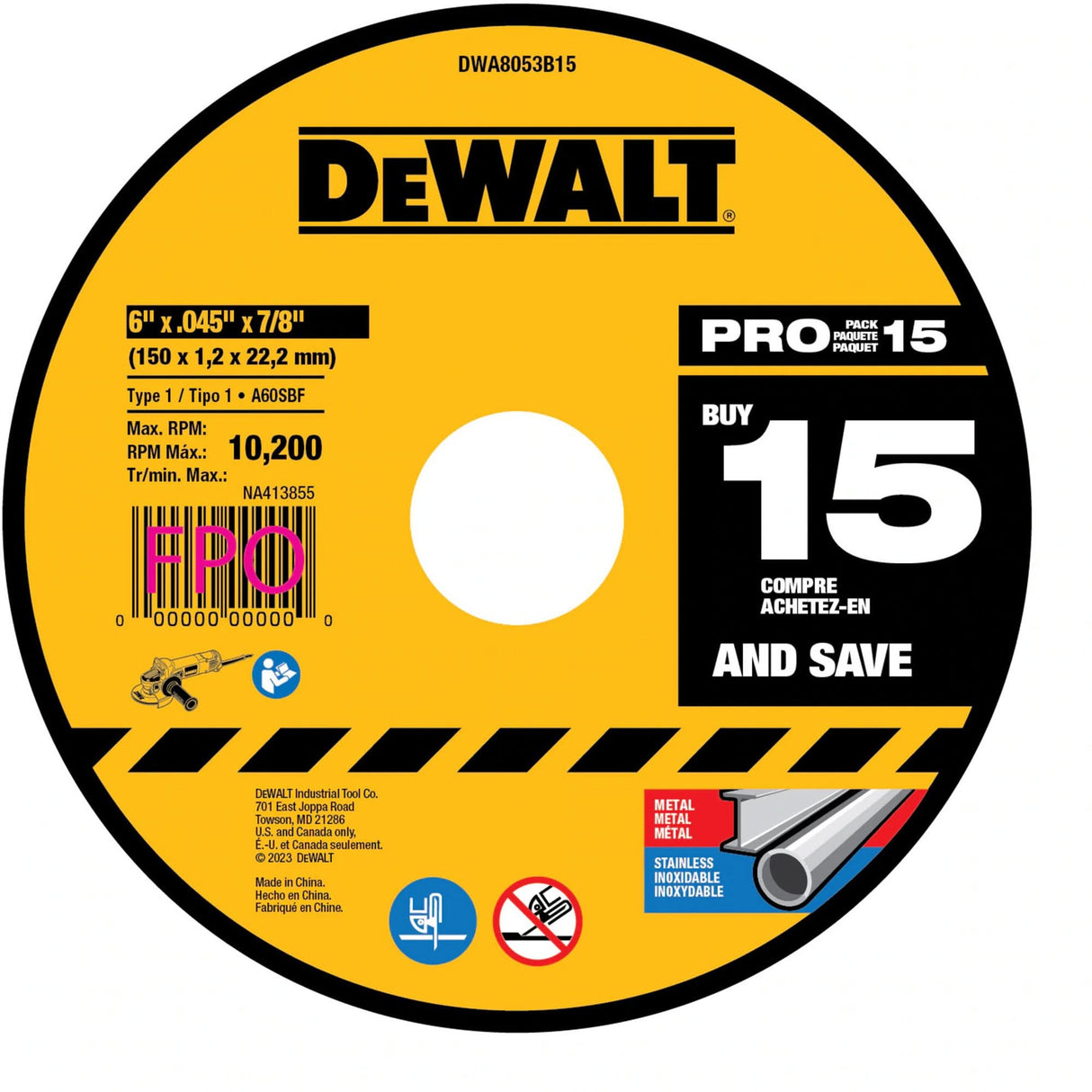 Metal Cutting Wheel, 6" x 0.045", 7/8" Arbor, Type 1, Aluminum Oxide