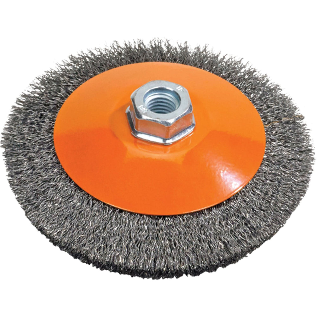 Saucer Cup Brush With Knot-Twisted Wires, 5" Dia., 0.02" Fill, 5/8"-11 Arbor, Steel