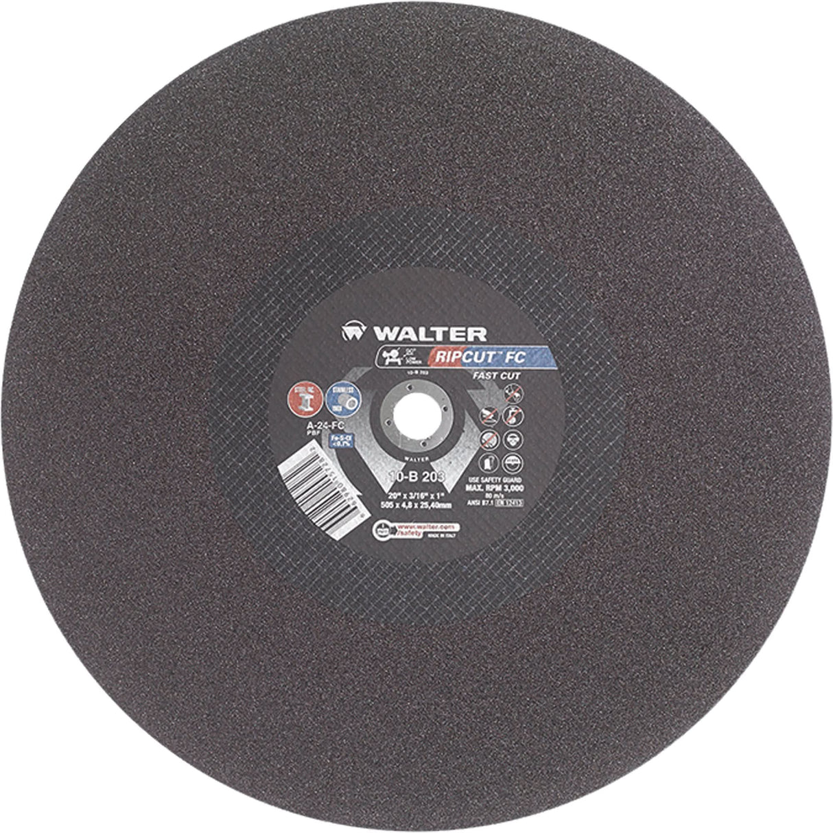 Ripcut™ Stainless Steel & Steel Cut-Off Wheel for Stationary Saws, 20" x 3/16", 1" Arbor, Type 1, Aluminum Oxide, 3000 RPM
