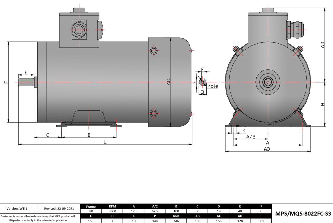 Max Motion MQS-8022FC-S3 | IEC Motor 1.5HP, 3600RPM, 208-230/460V, Frame 80, TEFC, Rigid Base